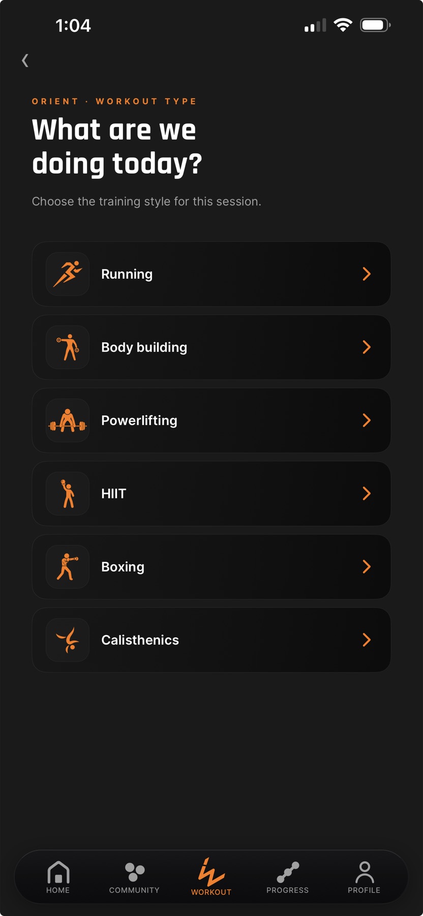 OX Workouts screen for choosing a workout type